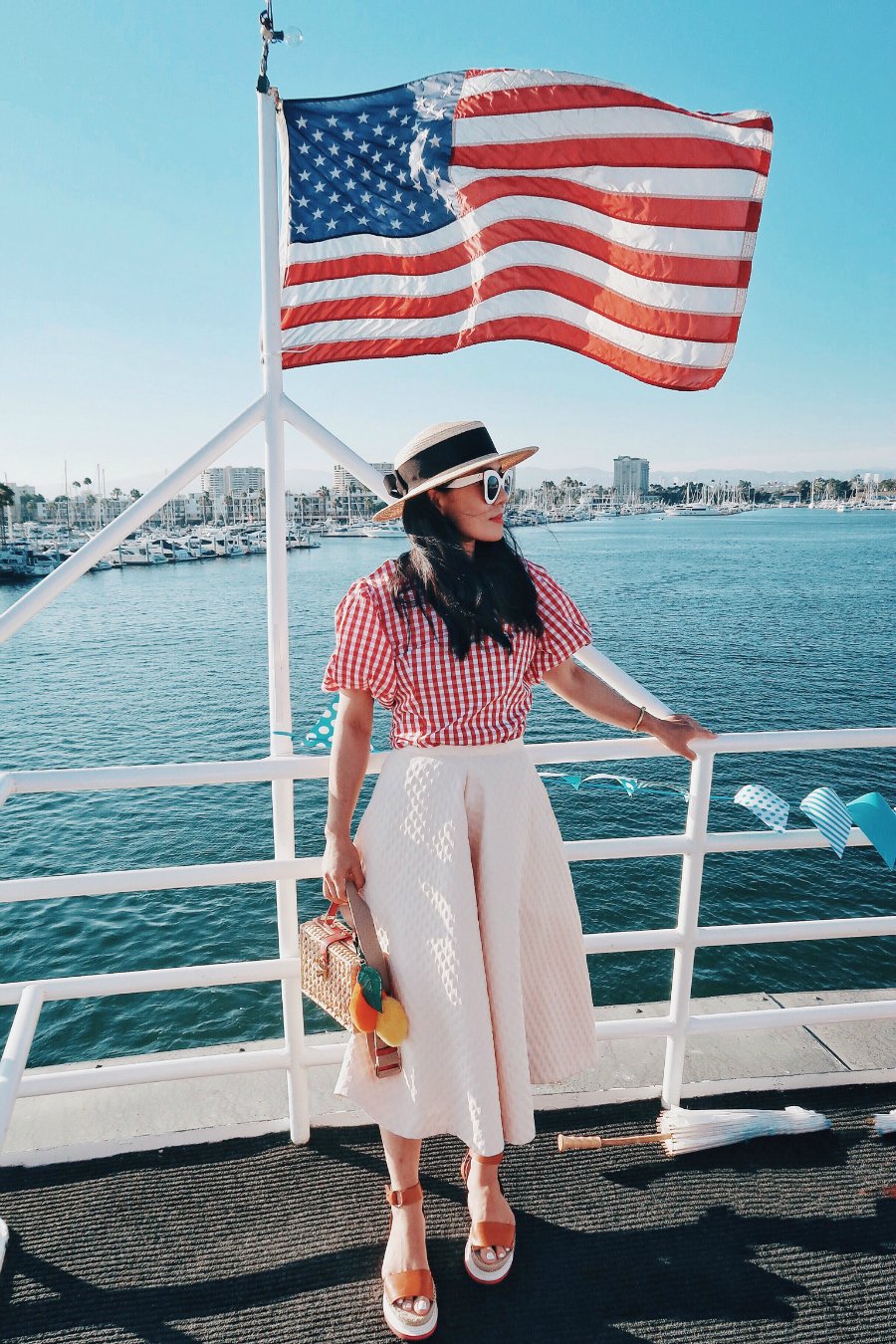 Sunset Cruise, Red Plaid Top, Midi Skirt, Straw Boater Hat, via: HallieDaily