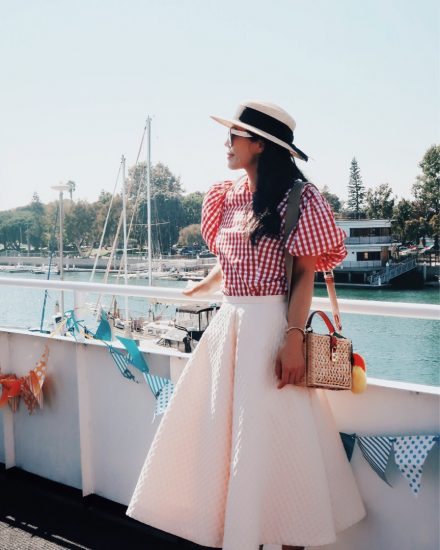 Sunset Cruise, Red Plaid Top, Midi Skirt, Straw Boater Hat, via: HallieDaily