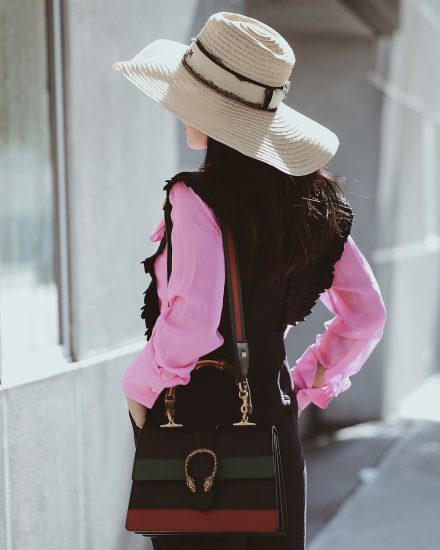 Pink Pussy Bow Blouse, Jumpsuit, Straw Hat, Gucci Bag, Gucci Shoes, Celine Sunglasses, via: HallieDaily