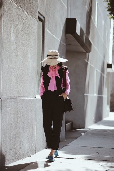 Pink Pussy Bow Blouse, Jumpsuit, Straw Hat, Gucci Bag, Gucci Shoes, Celine Sunglasses, via: HallieDaily