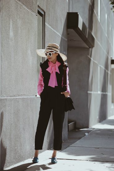 Pink Pussy Bow Blouse, Jumpsuit, Straw Hat, Gucci Bag, Gucci Shoes, Celine Sunglasses, via: HallieDaily