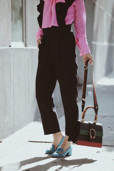 Pink Pussy Bow Blouse, Jumpsuit, Straw Hat, Gucci Bag, Gucci Shoes, Celine Sunglasses, via: HallieDaily