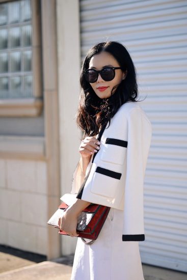 Black & White Jacket , Ballerina Flats, Gucci Bag, via: HallieDaily