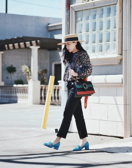 Floral Shirt, Flare Kick Jeans, Gucci Bag, Gucci Shoes, Straw Hat, Via: HallieDaily