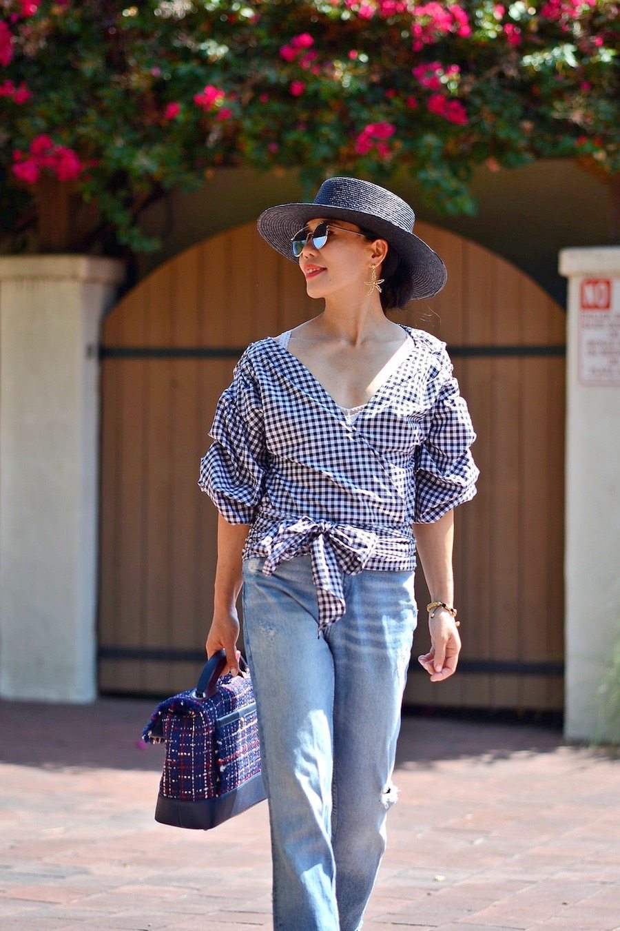 HallieDaily, Travel, A Day in Ojai, Gingham Wrap Top, Black Boater Hat, Chanel Tweed Bag, Oscar de la Renta Bow Flats