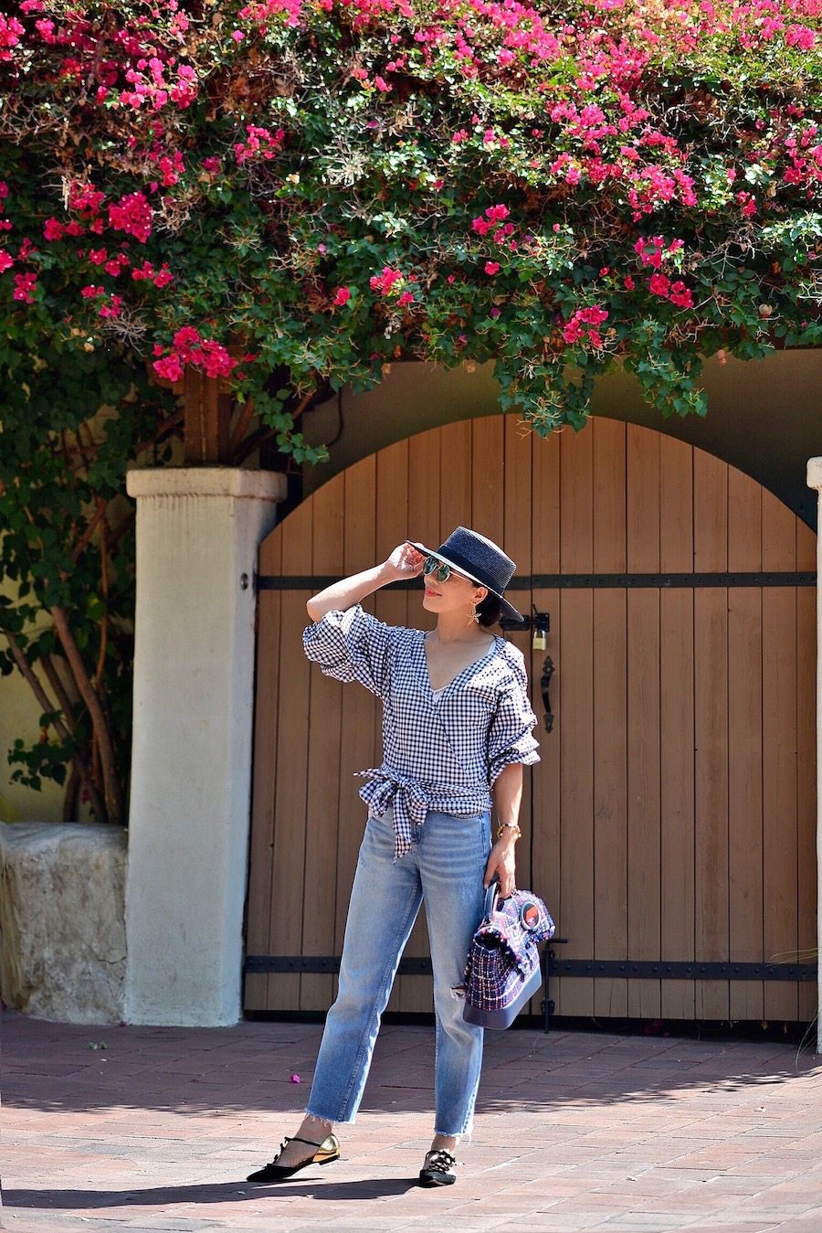 HallieDaily, Travel, A Day in Ojai, Gingham Wrap Top, Black Boater Hat, Chanel Tweed Bag, Oscar de la Renta Bow Flats