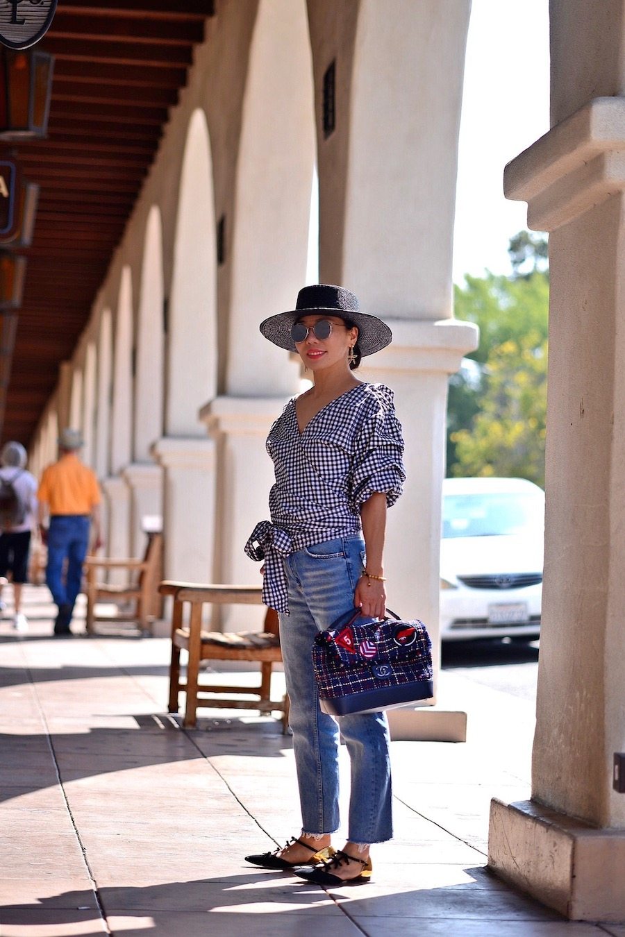 HallieDaily, Travel, A Day in Ojai, Gingham Wrap Top, Black Boater Hat, Chanel Tweed Bag, Oscar de la Renta Bow Flats