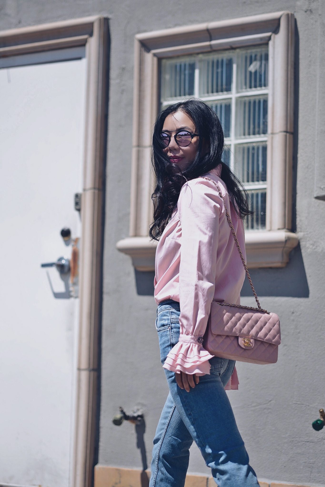 Hi-Low Hem Jeans, Pink Shirt, Pink Chanel Bag, Chanel Two-tone Shoes, Mirrored Sunglasses, via: HallieDaily