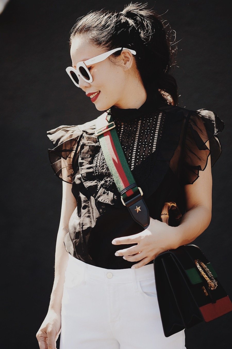 HallieDaily: Black and White Style, Gucci Bag, Chanel Flats, Parker Top, JBrand Selena Jeans, Celine Sunglasses, Outfit