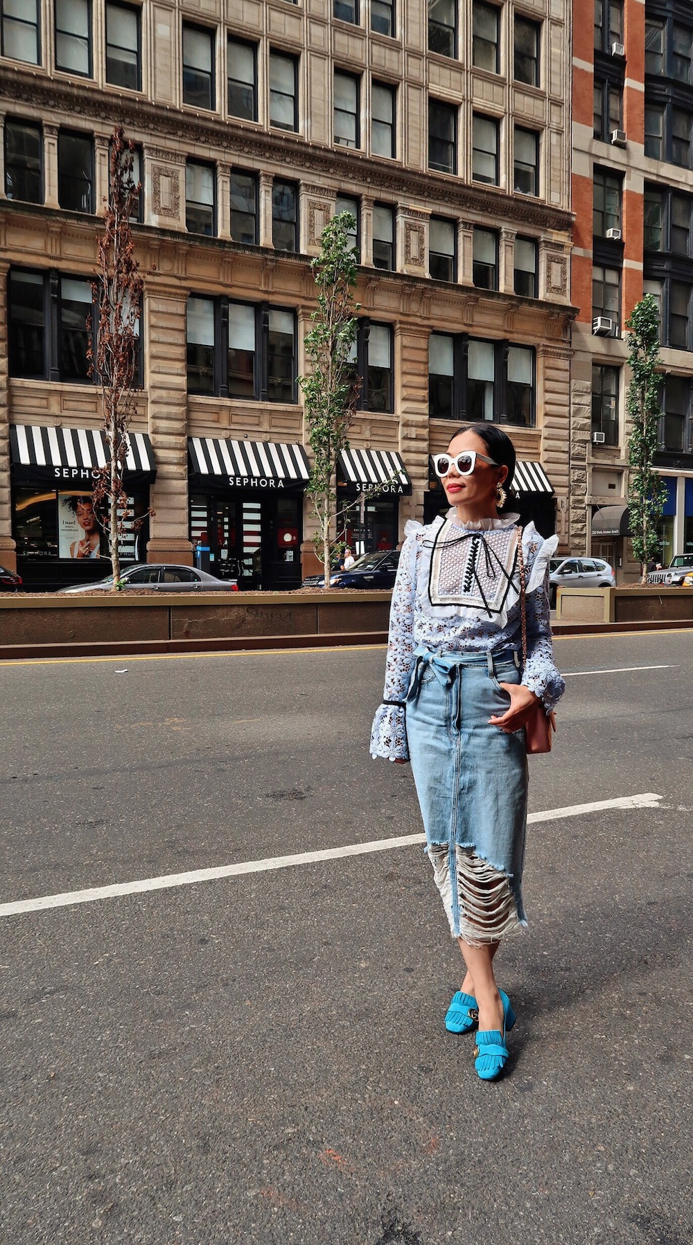 NYFW SS 2017, Street Style, Lace & Denim, via: HallieDaily