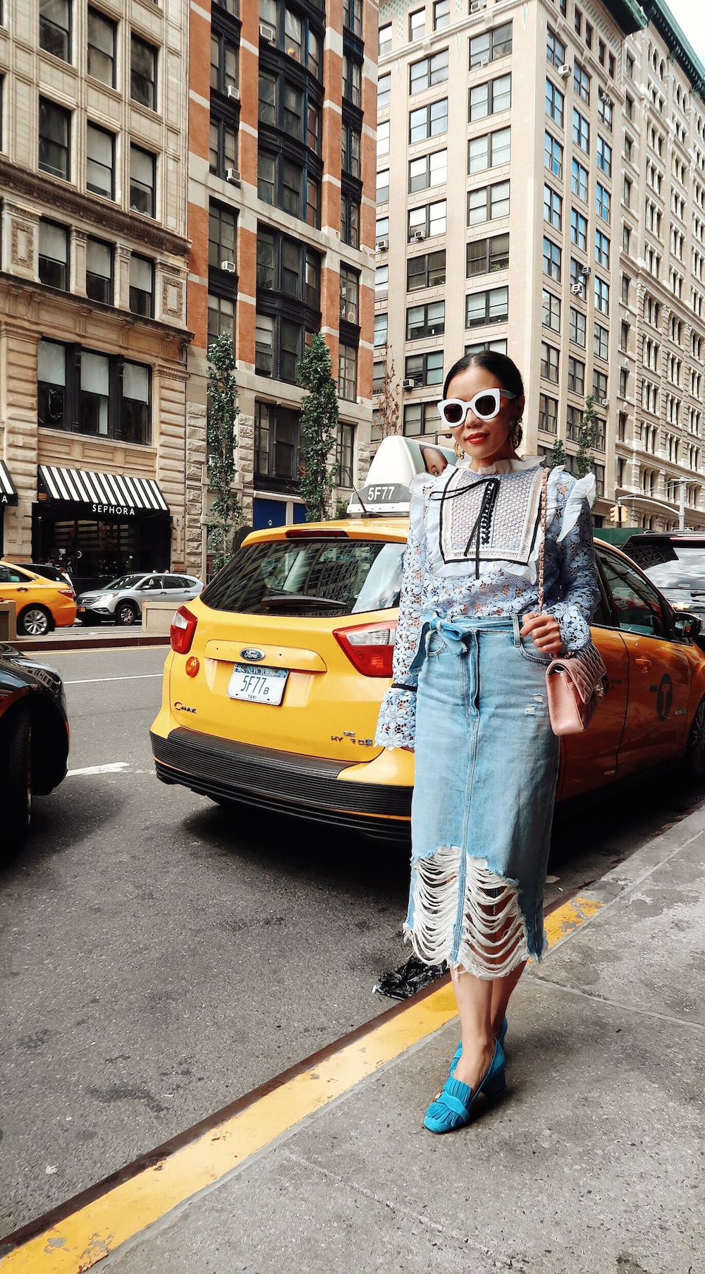 NYFW SS 2017, Street Style, Lace & Denim, via: HallieDaily