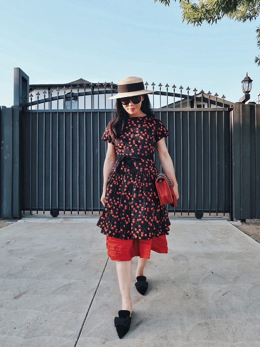 Weekend Style, Red Cherry Print, Cotton Dress, via: HallieDaily