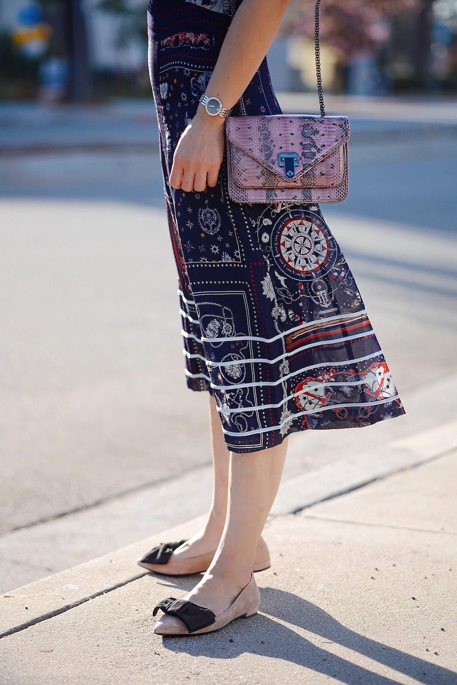 LA Sunset, Printed Silk Dress, Prada Bow Flats, via: HallieDaily