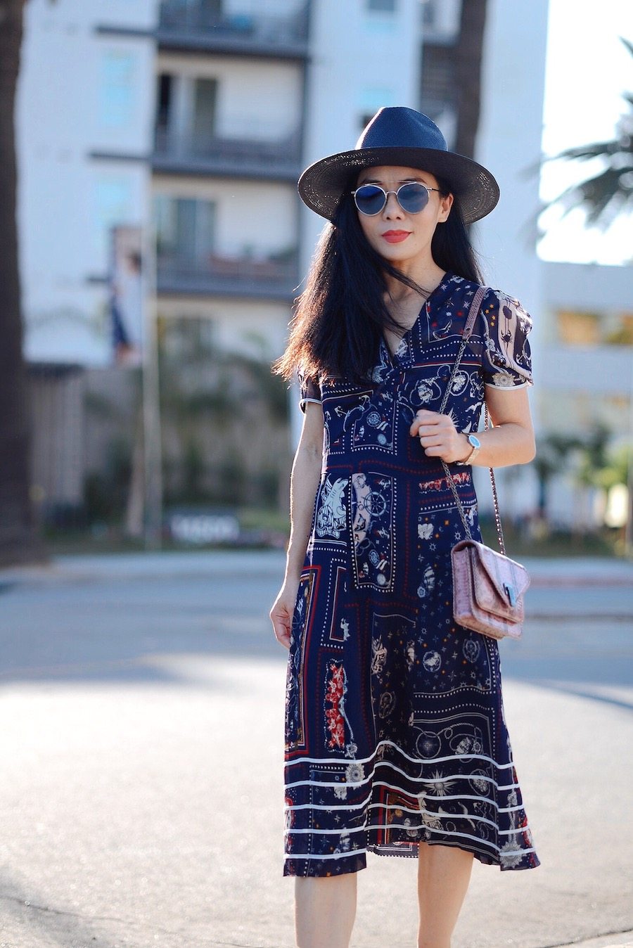 LA Sunset, Printed Silk Dress, Prada Bow Flats, via: HallieDaily