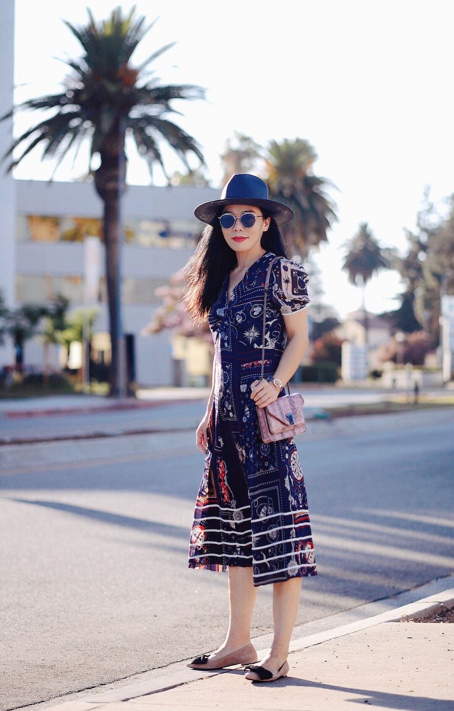 LA Sunset, Printed Silk Dress, Prada Bow Flats, via: HallieDaily