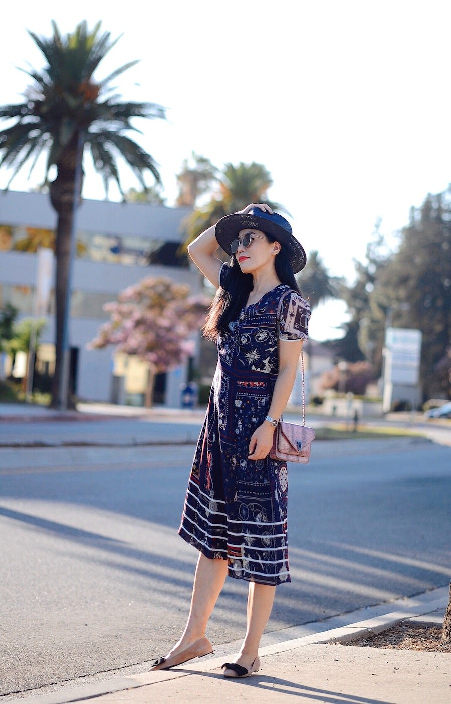 LA Sunset, Printed Silk Dress, Prada Bow Flats, via: HallieDaily