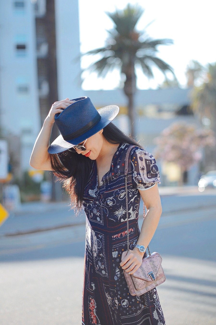 LA Sunset, Printed Silk Dress, Prada Bow Flats, via: HallieDaily