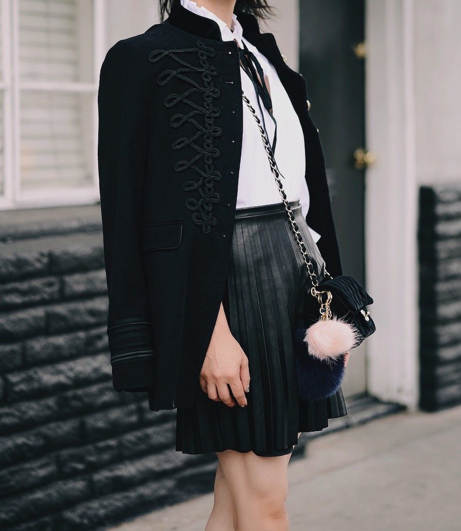 Military Jacket, Pleated Skirt, Bow Blouse, Pom Pom Shoes, Chanel Velvet Bag, via: HallieDaily