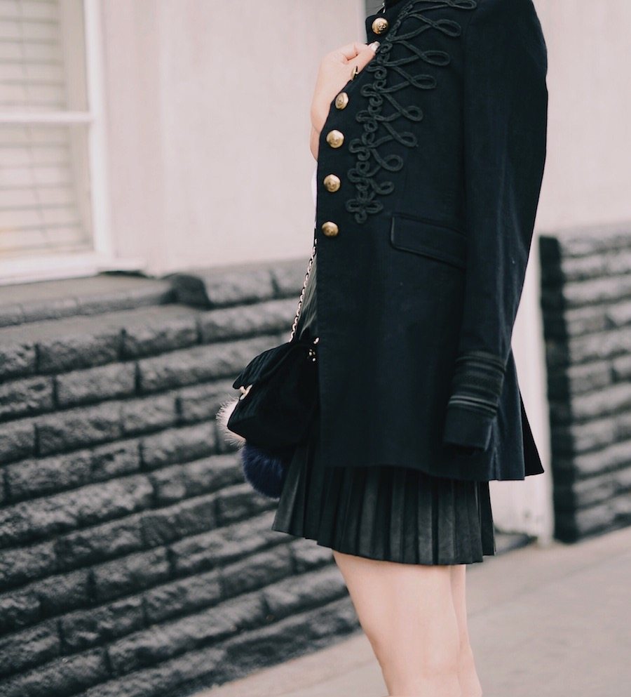 Military Jacket, Pleated Skirt, Bow Blouse, Pom Pom Shoes, Chanel Velvet Bag, via: HallieDaily