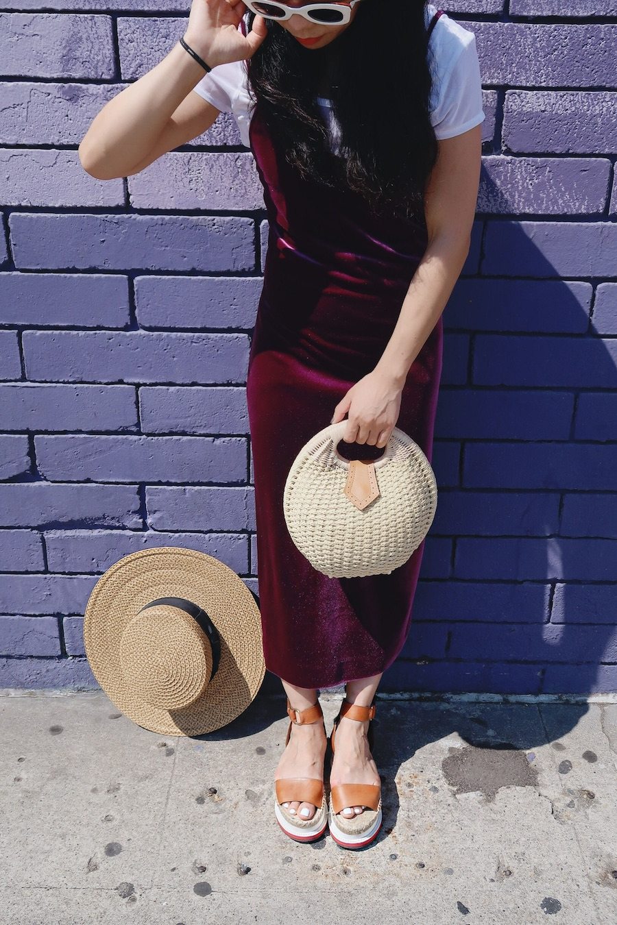 Velvet Dress, Straw Bag, Straw Hat, Platform Sandals, via: HallieDaily