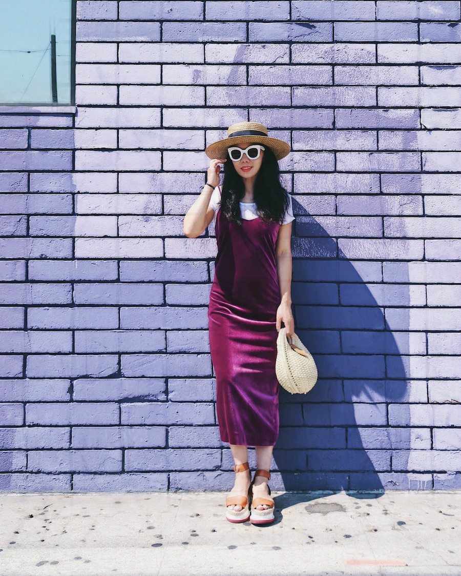 Velvet Dress, Straw Bag, Straw Hat, Platform Sandals, via: HallieDaily