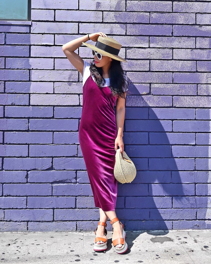 Velvet Dress, Straw Bag, Straw Hat, Platform Sandals, via: HallieDaily