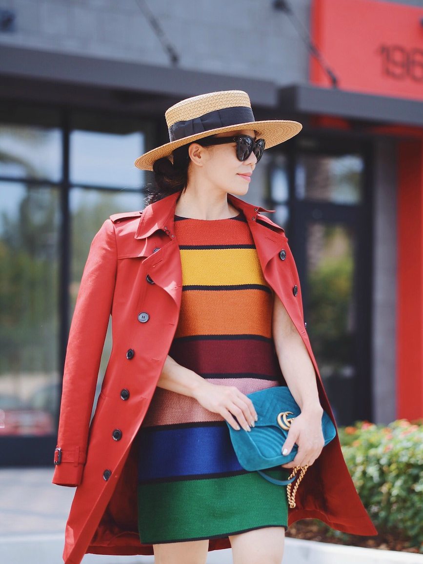 Seeing Rainbow, Alice & Olivia Rainbow Printed A-line Dress, Jimmy Choo Flats, Gucci Velvet Bag, Burberry Trench, Celine Sunglasses, via: HallieDaily