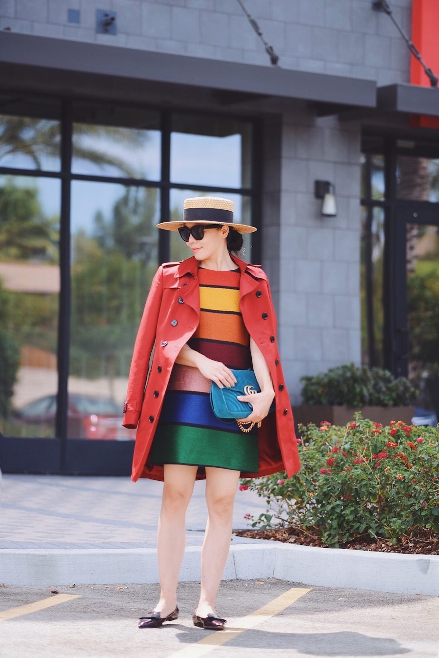 Seeing Rainbow, Alice & Olivia Rainbow Printed A-line Dress, Jimmy Choo Flats, Gucci Velvet Bag, Burberry Trench, Celine Sunglasses, via: HallieDaily