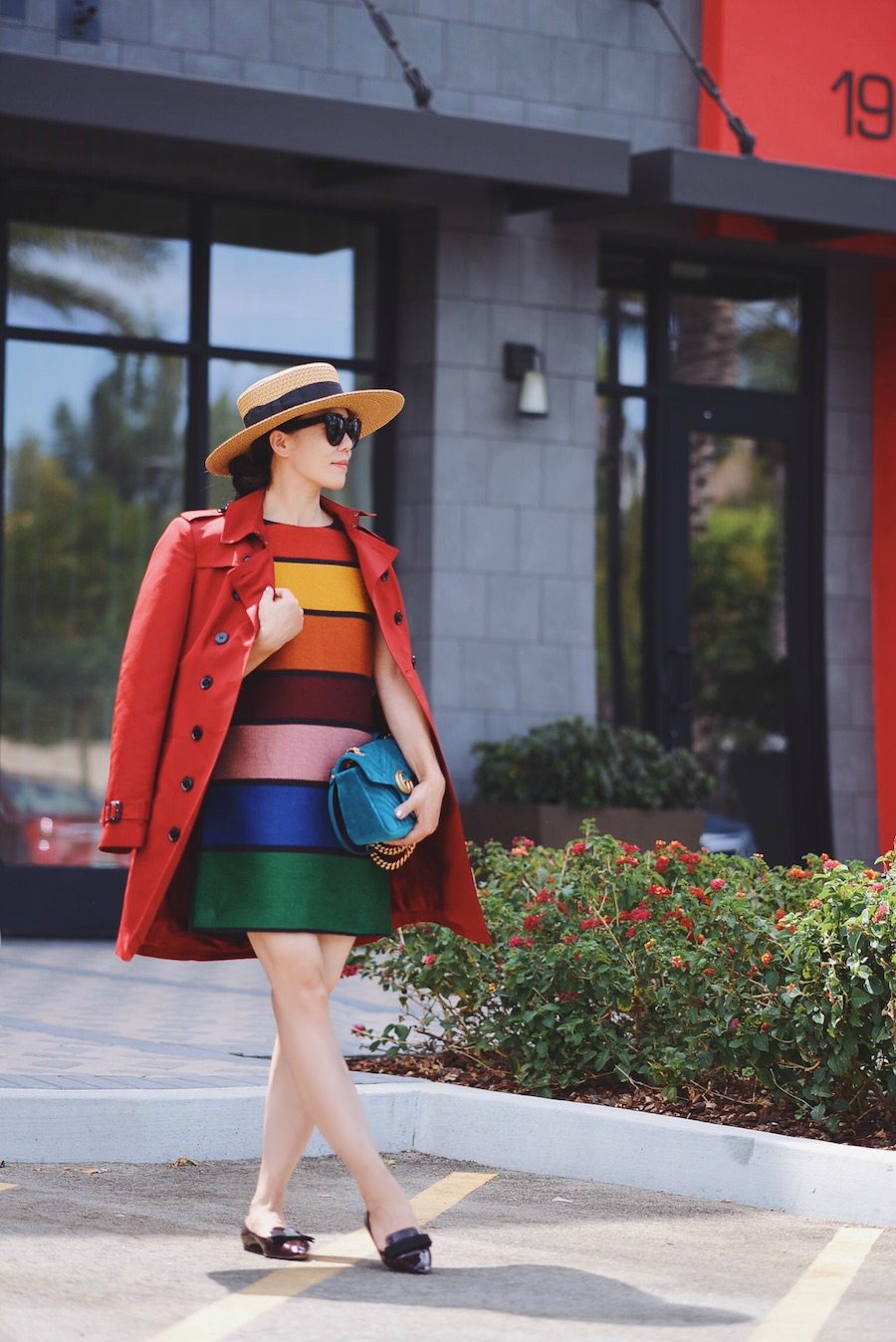 Seeing Rainbow, Alice & Olivia Rainbow Printed A-line Dress, Jimmy Choo Flats, Gucci Velvet Bag, Burberry Trench, Celine Sunglasses, via: HallieDaily