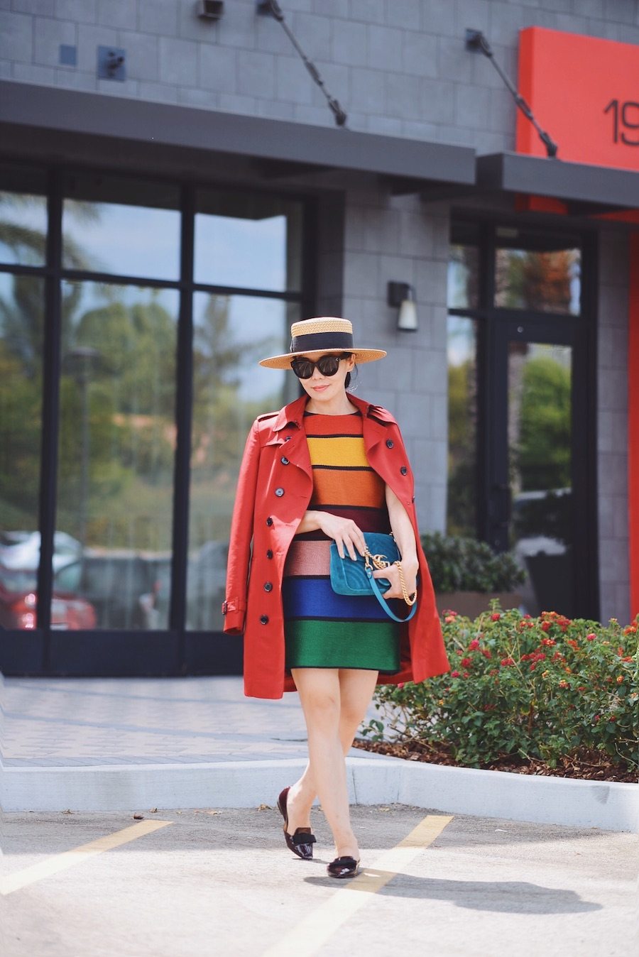 Seeing Rainbow, Alice & Olivia Rainbow Printed A-line Dress, Jimmy Choo Flats, Gucci Velvet Bag, Burberry Trench, Celine Sunglasses, via: HallieDaily