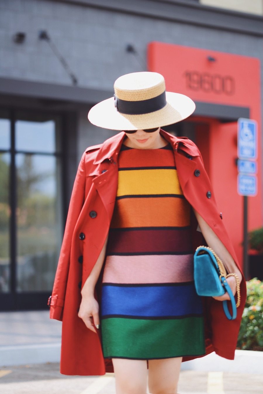 Seeing Rainbow, Alice & Olivia Rainbow Printed A-line Dress, Jimmy Choo Flats, Gucci Velvet Bag, Burberry Trench, Celine Sunglasses, via: HallieDaily