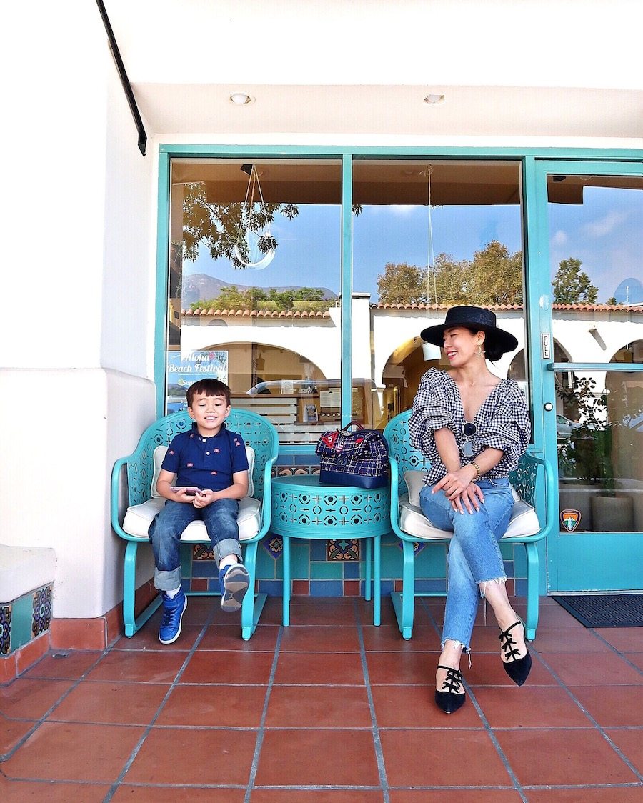 HallieDaily, Travel, A Day in Ojai, Gingham Wrap Top, Black Boater Hat, Chanel Tweed Bag, Oscar de la Renta Bow Flats