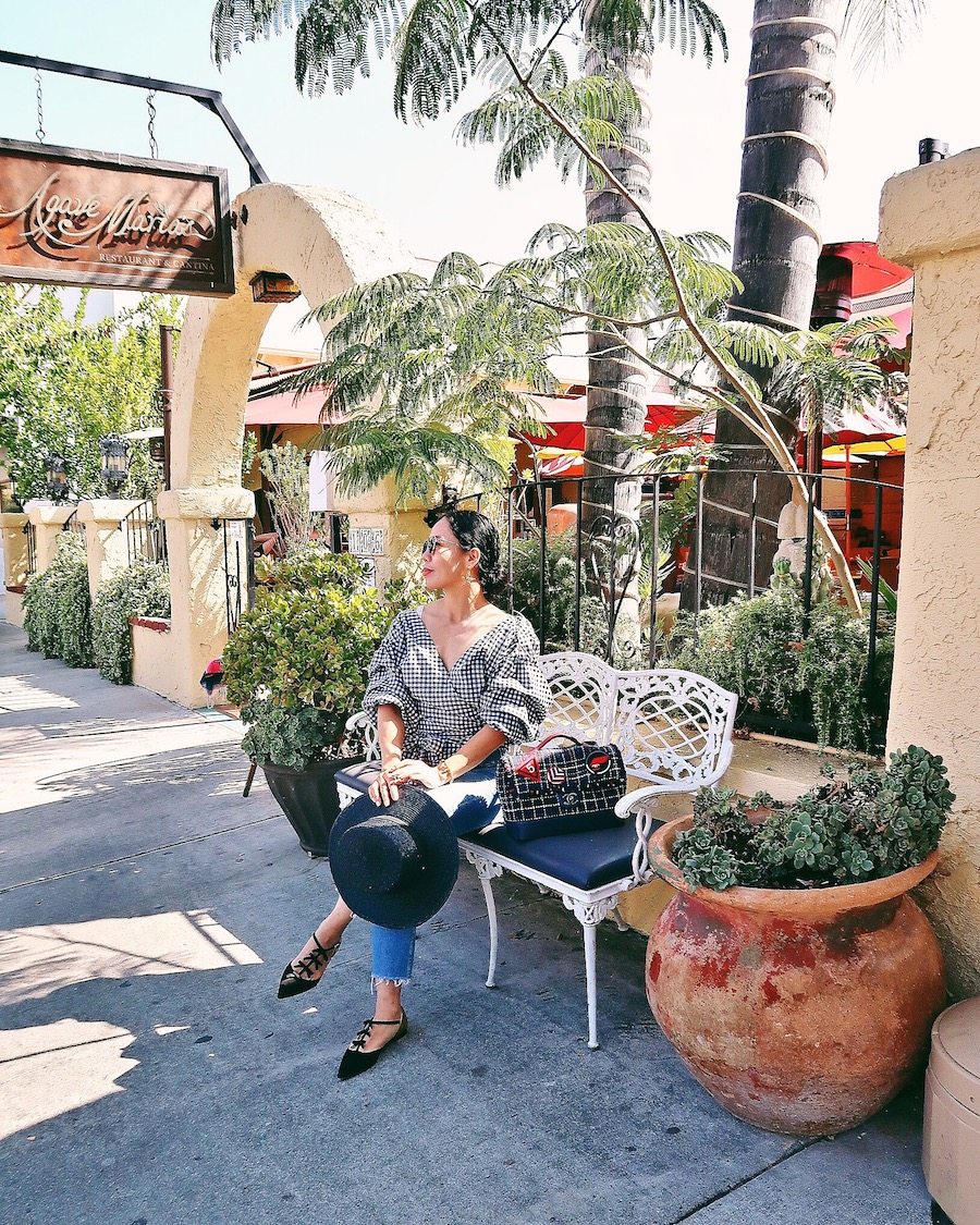 HallieDaily, Travel, A Day in Ojai, Gingham Wrap Top, Black Boater Hat, Chanel Tweed Bag, Oscar de la Renta Bow Flats