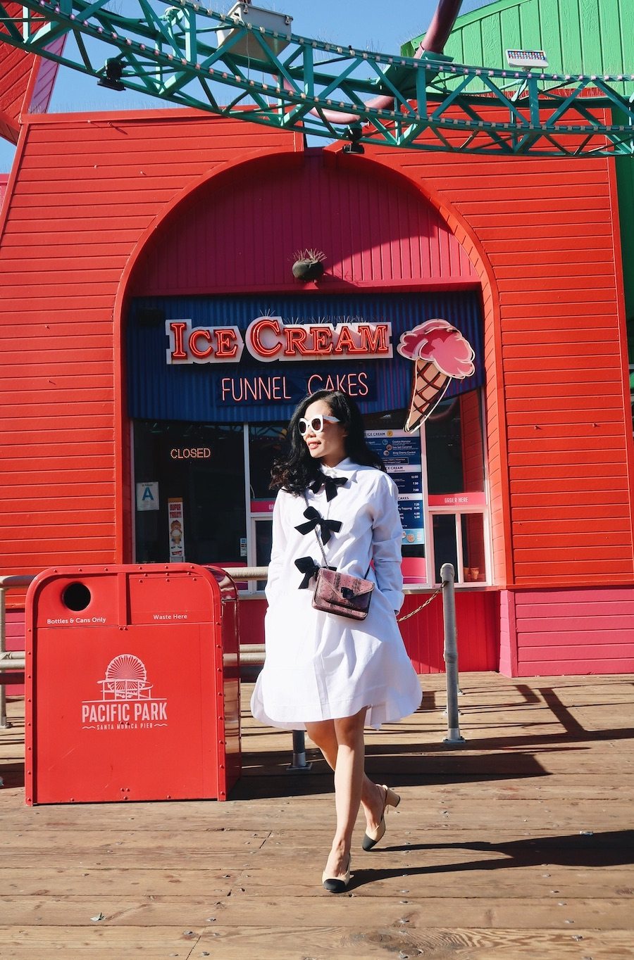 Bow Shirt Dress in Santa Monica Pier, via: HallieDaily