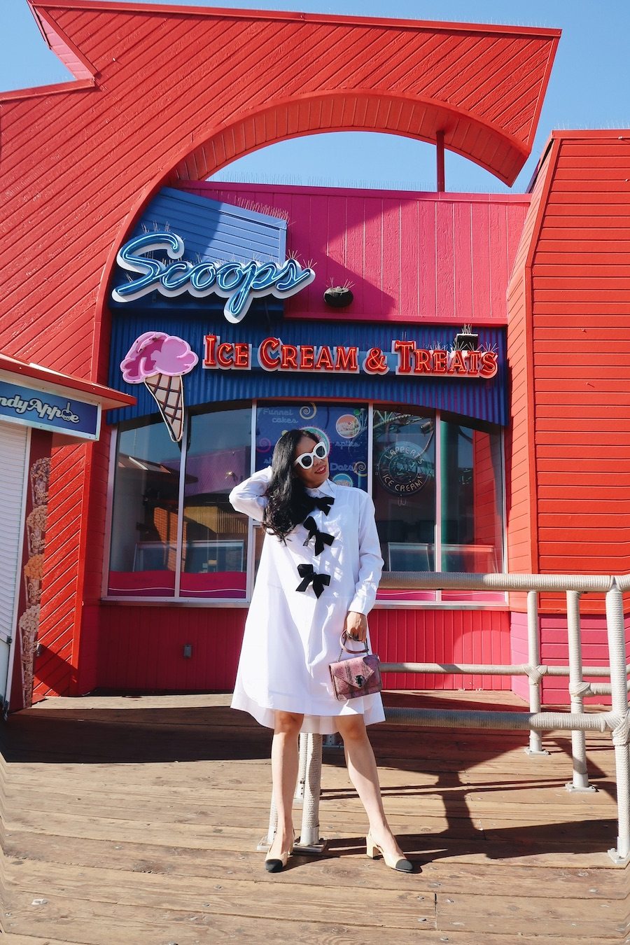 Bow Shirt Dress in Santa Monica Pier, via: HallieDaily