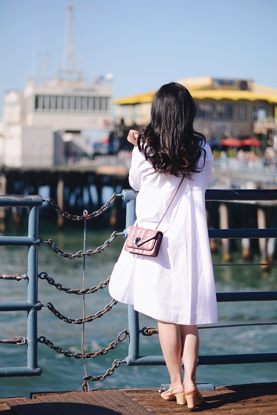 Bow Shirt Dress in Santa Monica Pier, via: HallieDaily