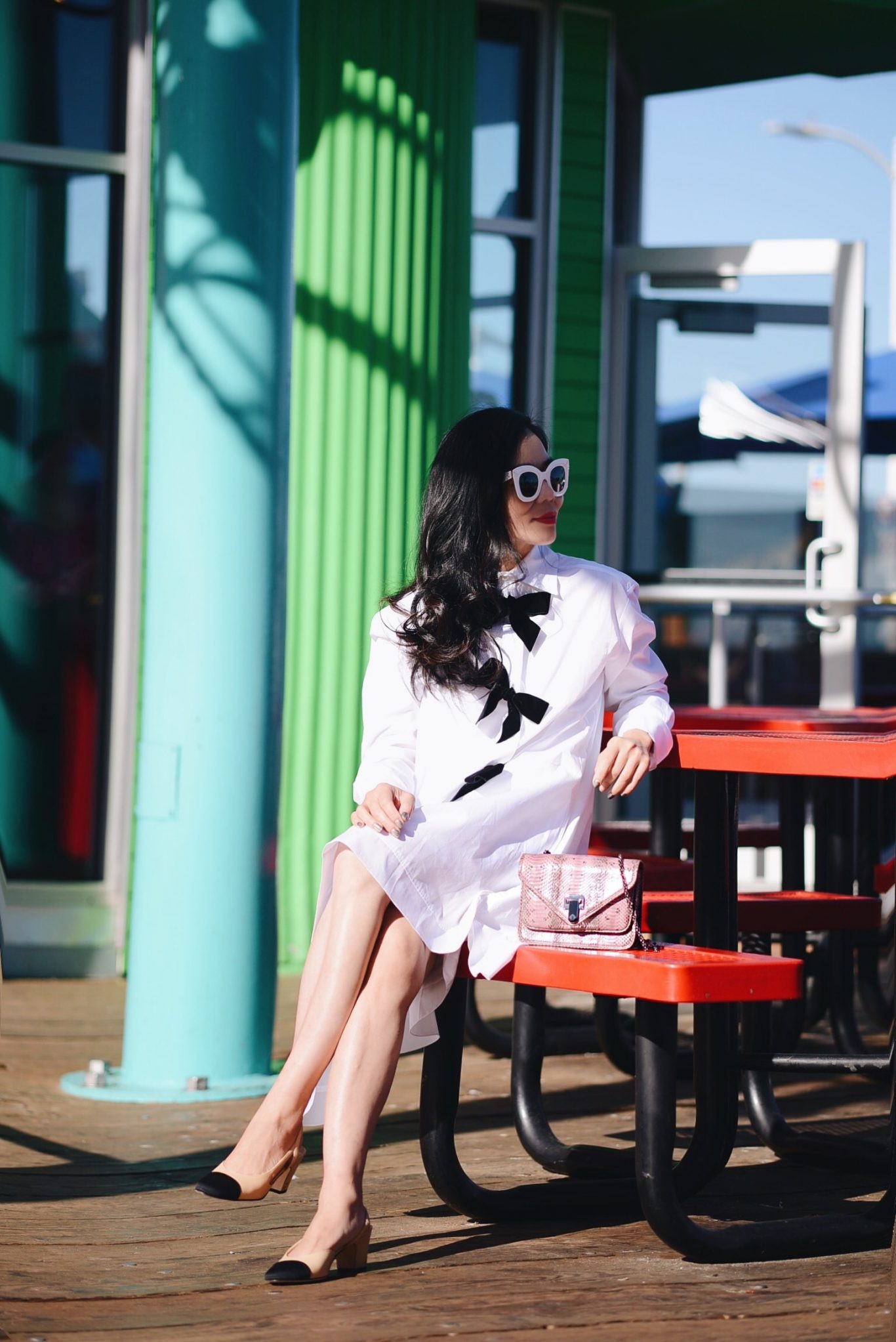 Bow Shirt Dress in Santa Monica Pier, via: HallieDaily