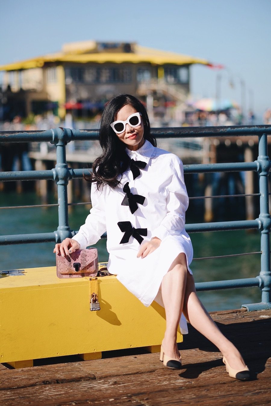 Bow Shirt Dress in Santa Monica Pier, via: HallieDaily