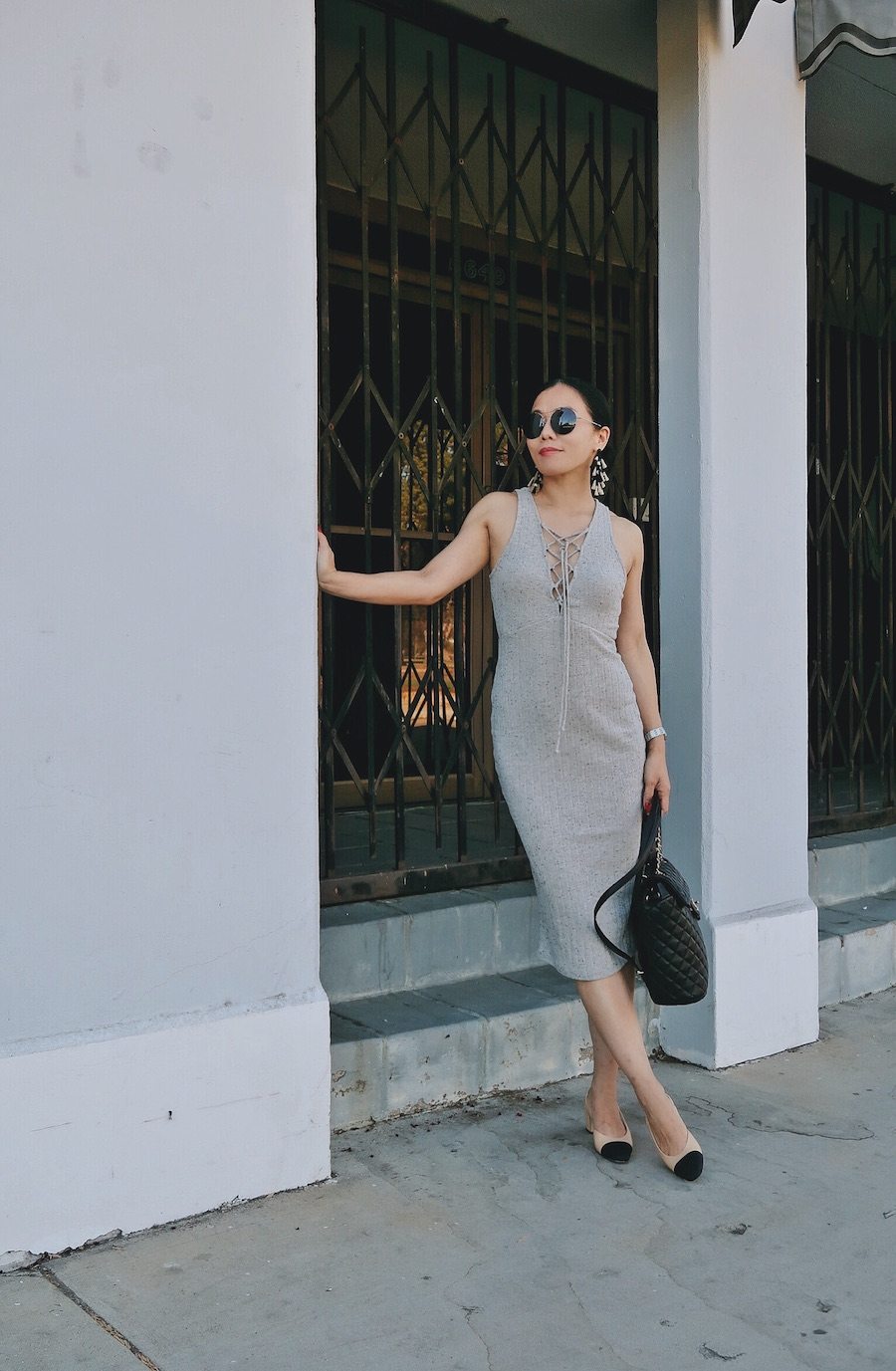 Fall Forward, Camel Trench, Lace-up Dress, Chanel Backpack, Chanel Two Tone Slingbacks, Gucci Sunglasses, via: HallieDaily