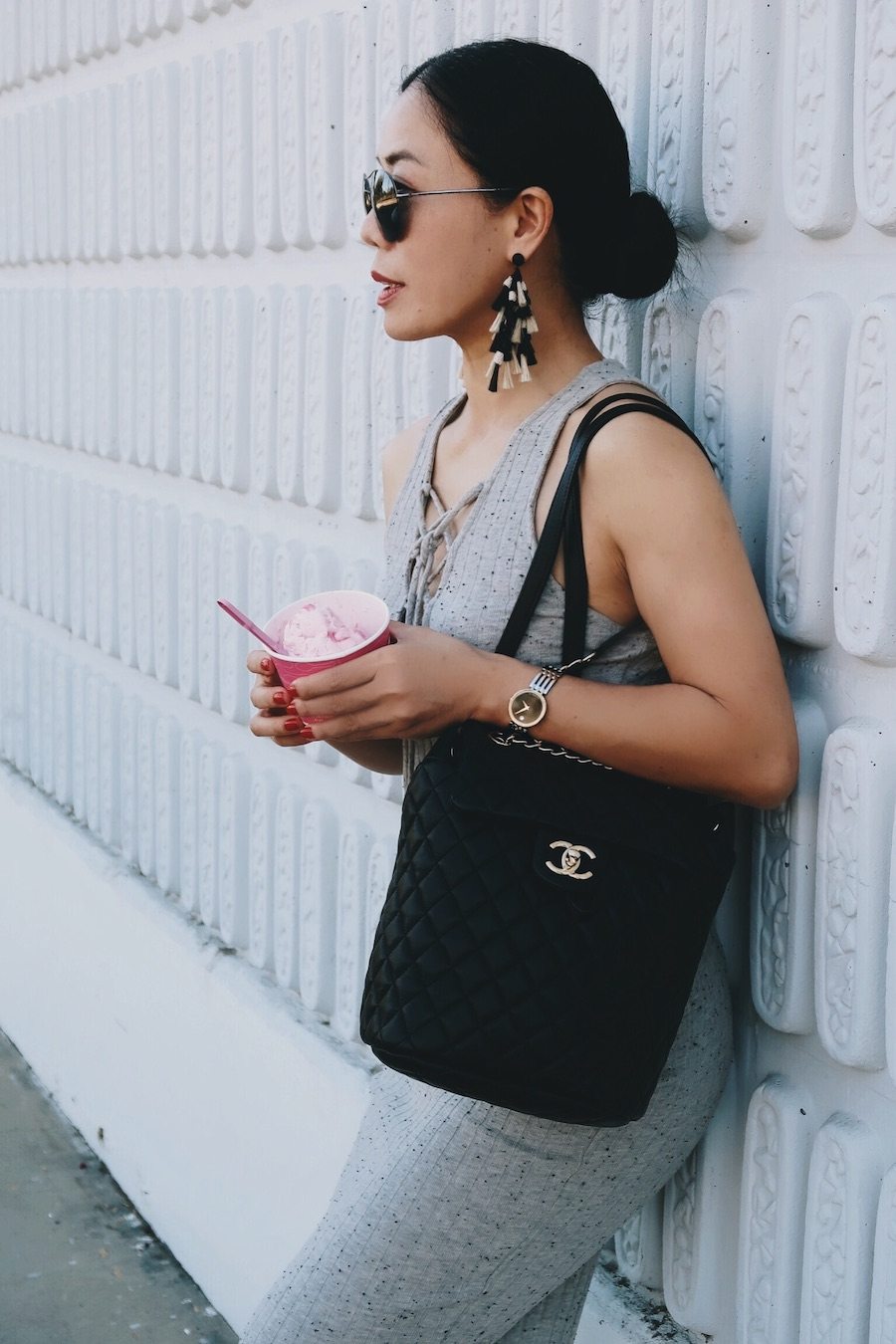 Fall Forward, Camel Trench, Lace-up Dress, Chanel Backpack, Chanel Two Tone Slingbacks, Gucci Sunglasses, via: HallieDaily