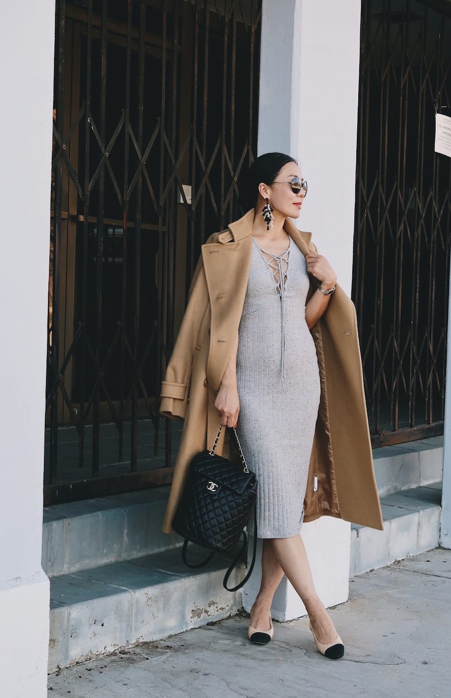 Fall Forward, Camel Trench, Lace-up Dress, Chanel Backpack, Chanel Two Tone Slingbacks, Gucci Sunglasses, via: HallieDaily