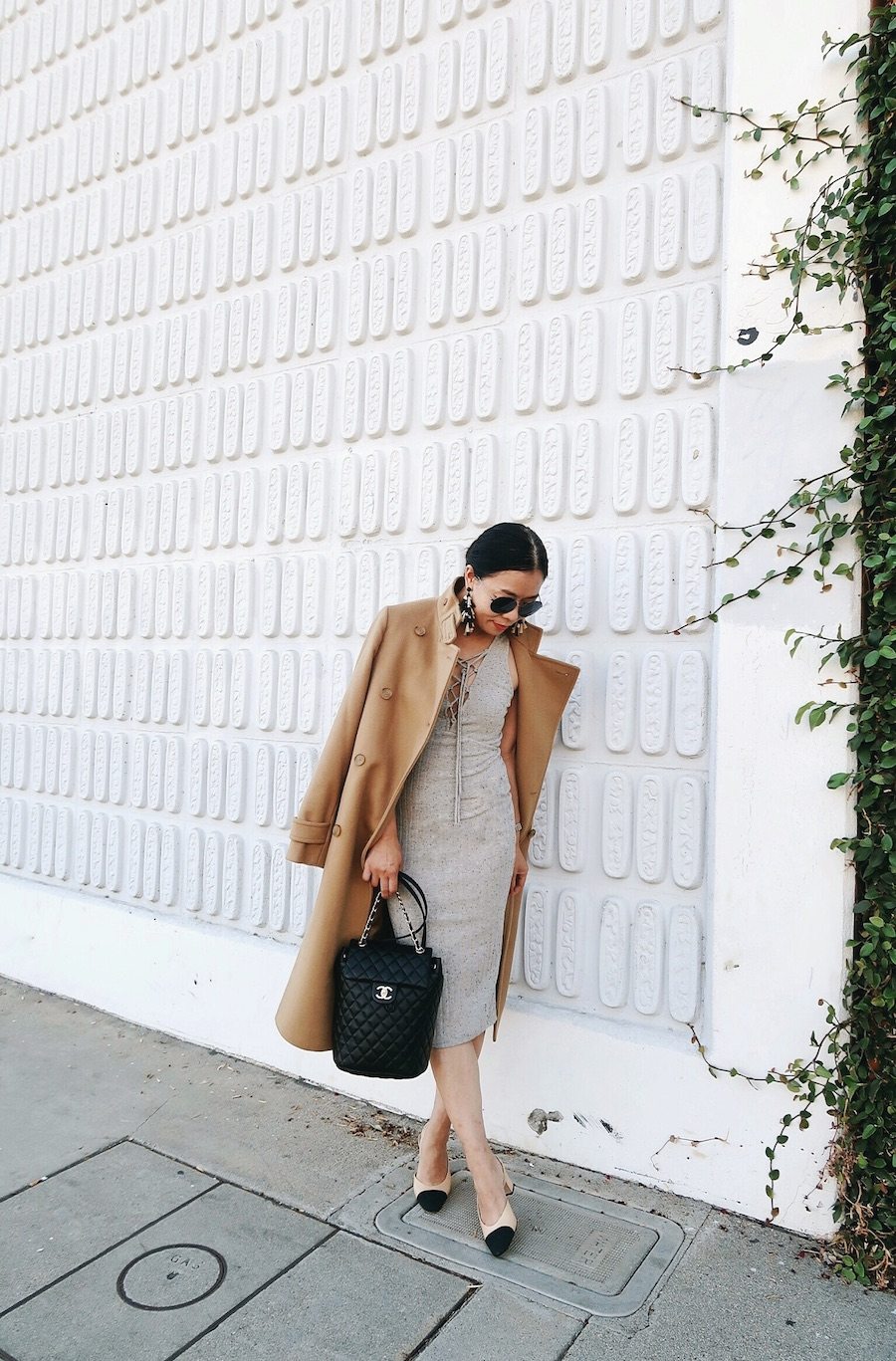 Fall Forward, Camel Trench, Lace-up Dress, Chanel Backpack, Chanel Two Tone Slingbacks, Gucci Sunglasses, via: HallieDaily