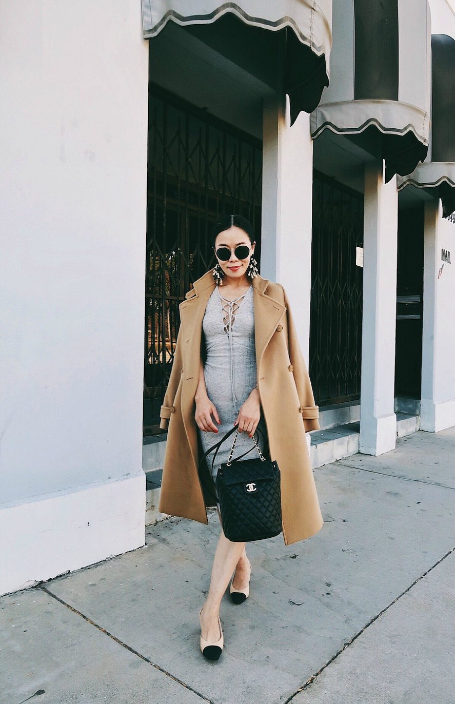 Fall Forward, Camel Trench, Lace-up Dress, Chanel Backpack, Chanel Two Tone Slingbacks, Gucci Sunglasses, via: HallieDaily