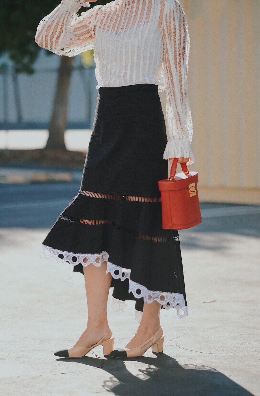 Ladylike, Zimmermann Top, Alexis Skirt, Mark Cross Bucket Bag, Chanel Two-tone Slingbacks, via: HallieDaily