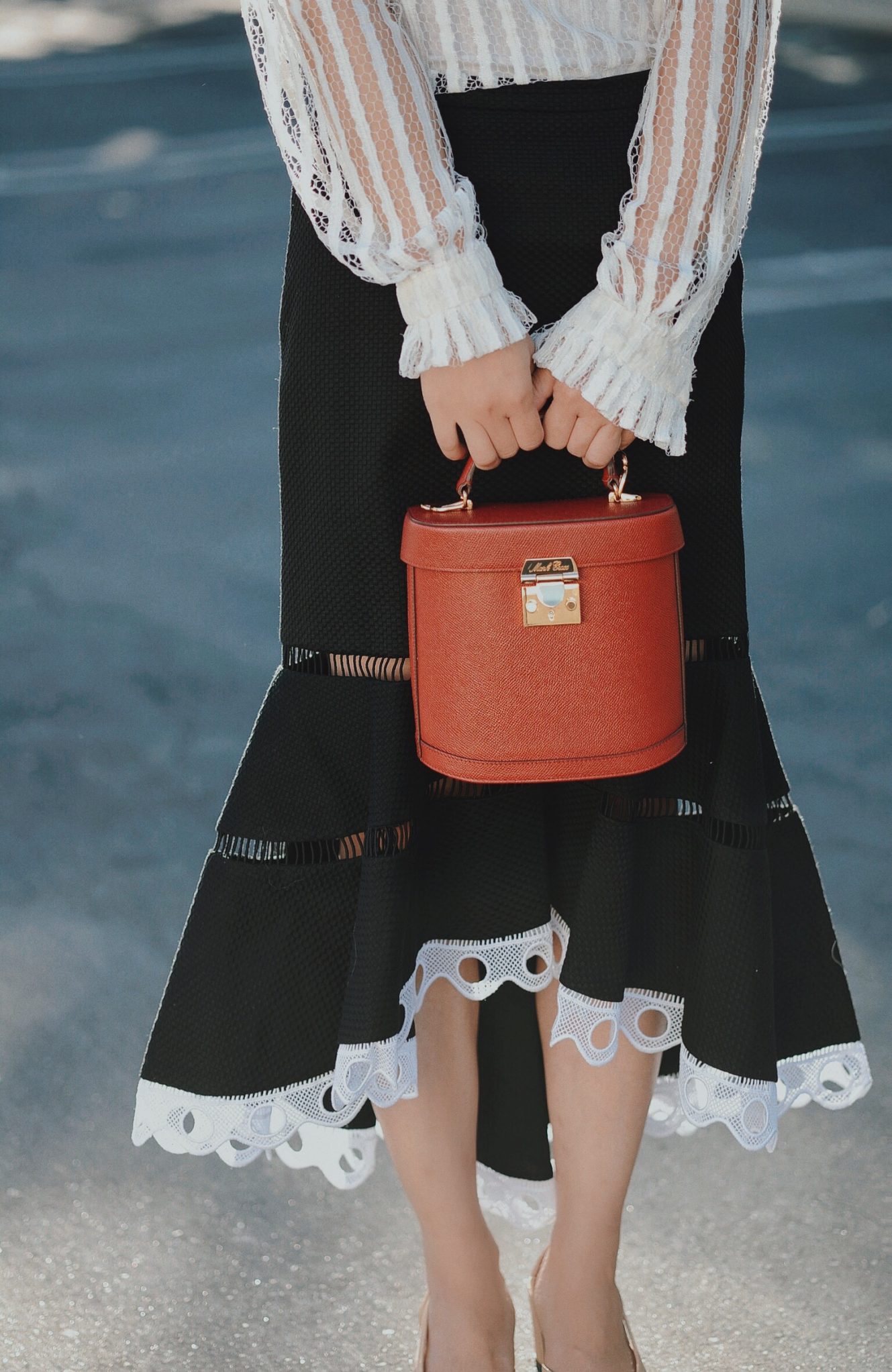 Ladylike, Zimmermann Top, Alexis Skirt, Mark Cross Bucket Bag, Chanel Two-tone Slingbacks, via: HallieDaily