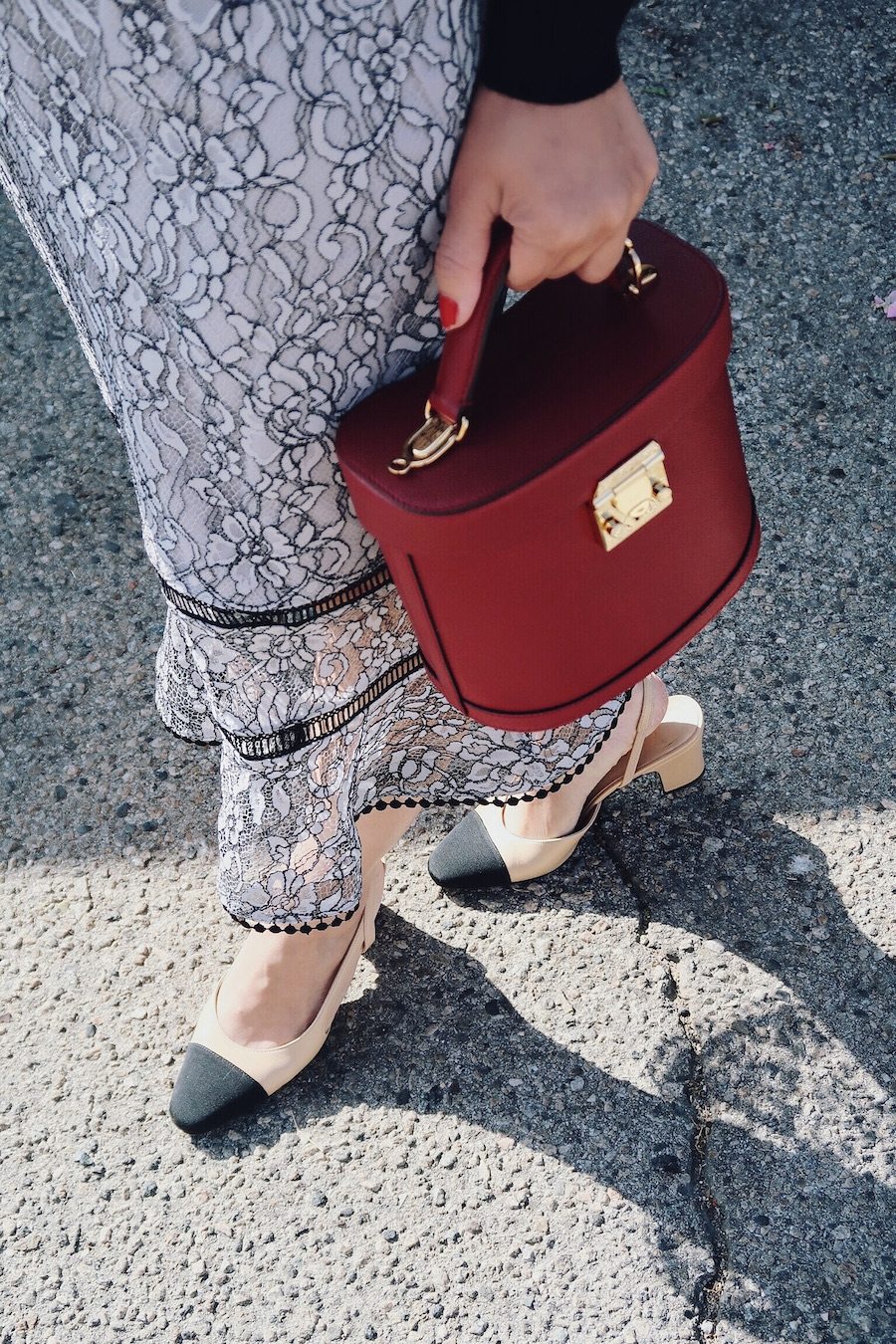 Friday in Lace Pencil Skirt, Off-the-Shoulder Top, Chanel Two-Tone Slingbacks, Mark Cross Bag, via: HallieDaily