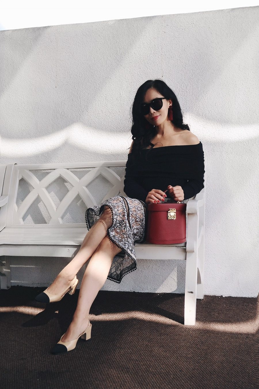 Friday in Lace Pencil Skirt, Off-the-Shoulder Top, Chanel Two-Tone Slingbacks, Mark Cross Bag, via: HallieDaily