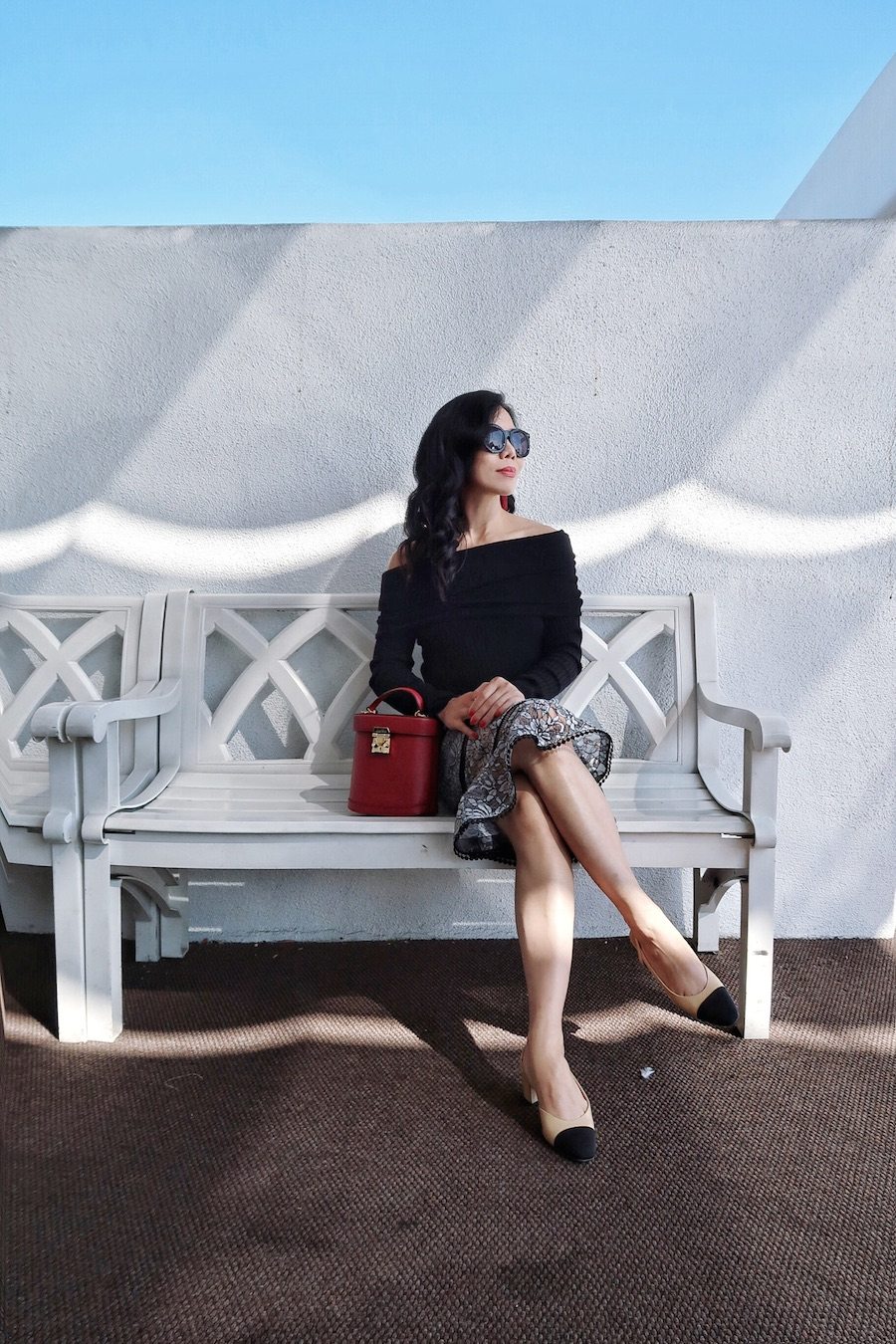 Friday in Lace Pencil Skirt, Off-the-Shoulder Top, Chanel Two-Tone Slingbacks, Mark Cross Bag, via: HallieDaily