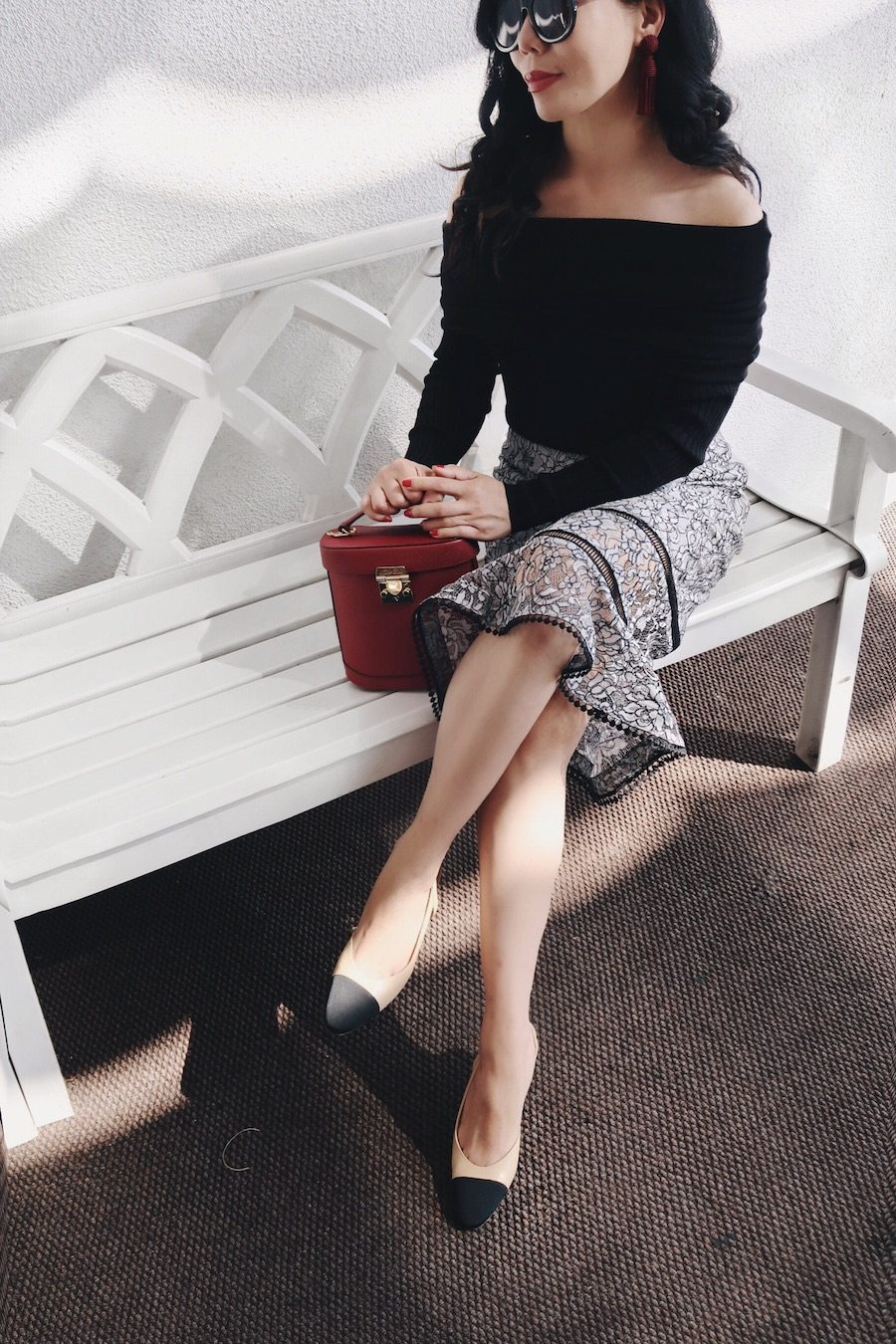 Friday in Lace Pencil Skirt, Off-the-Shoulder Top, Chanel Two-Tone Slingbacks, Mark Cross Bag, via: HallieDaily