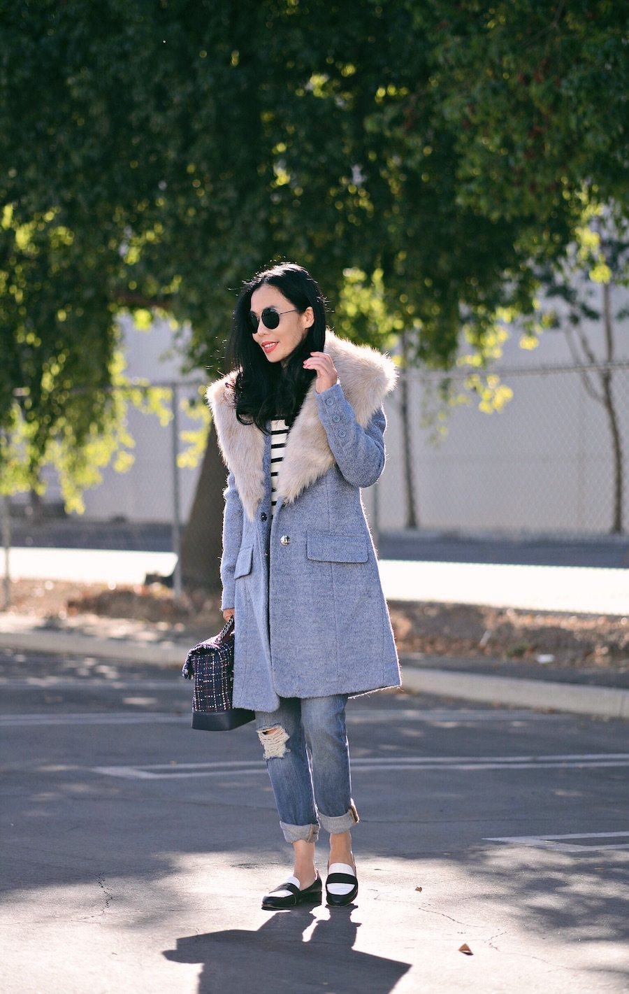 Fall Style, Fur Collar Coat, Distressed Jean, Striped Knit, Two-Tone Loafers, Chanel Tweed Bag, via: HallieDaily